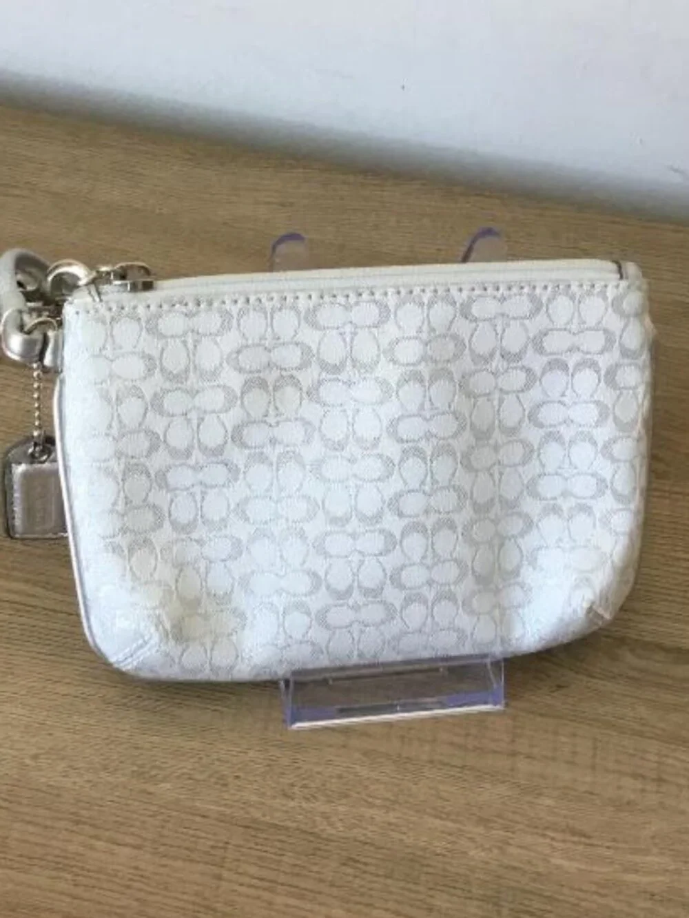 Coach Metallic Silver Signature Jacquard Wristlet Y2K Zip Pouch Mini Bag - Picture 2 of 3